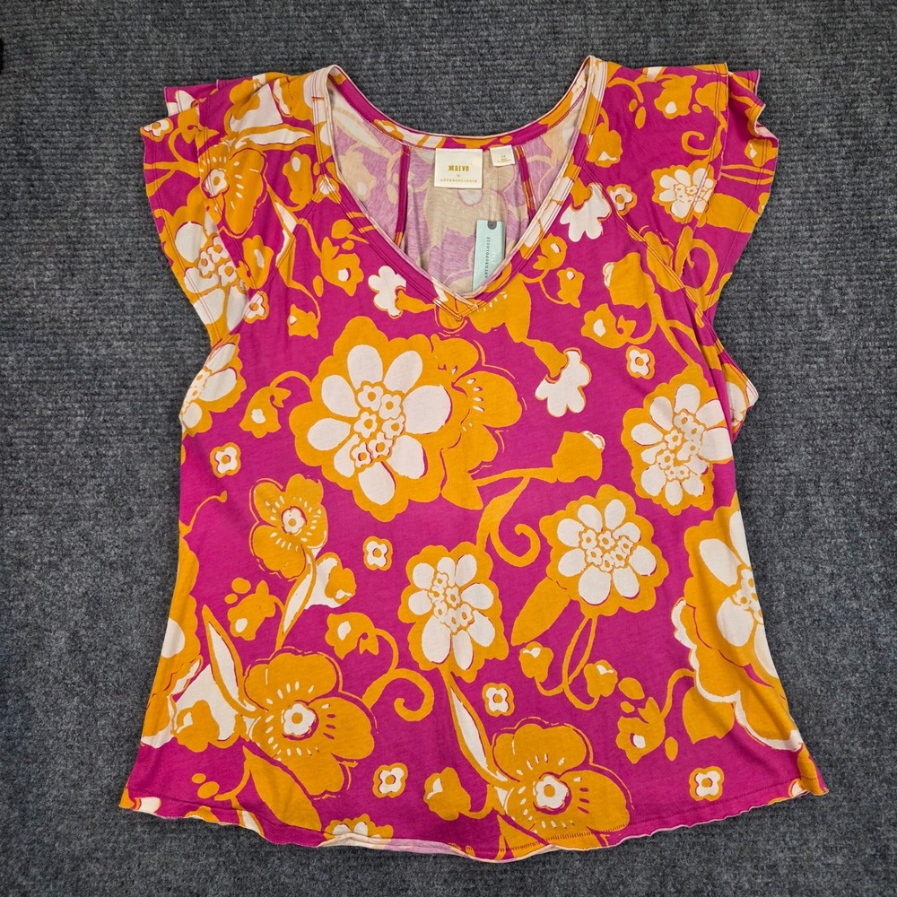 NEW Maeve by Anthropologie Floral Flutter Sleeve V-Neck Top Pink Combo Plus 3X